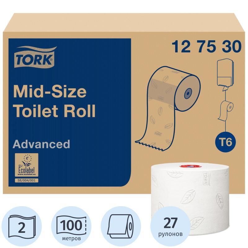 Бумага туалетная в рулонах Tork 127530 Mid-size Advanced 2-слойная 27 рулонов по 100 метров