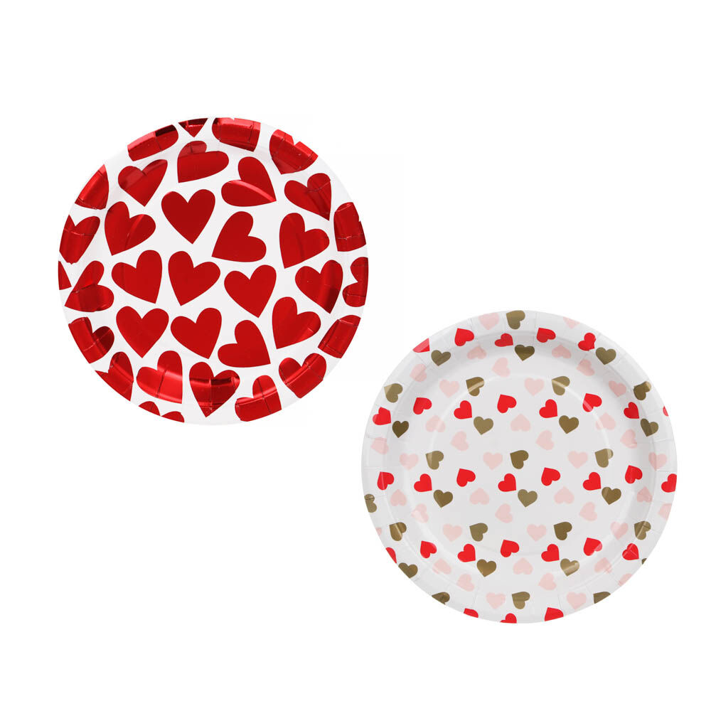 Набор тарелок бумажных, с фольгированным слоем, с сердечками, 2 цвета, красный, розовый, 20 см, 6 шт 1