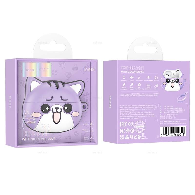 Гарнитура беспроводная Hoco EW48 Cat, Bluetooth 5.3, белые, чехол пурпурный 2