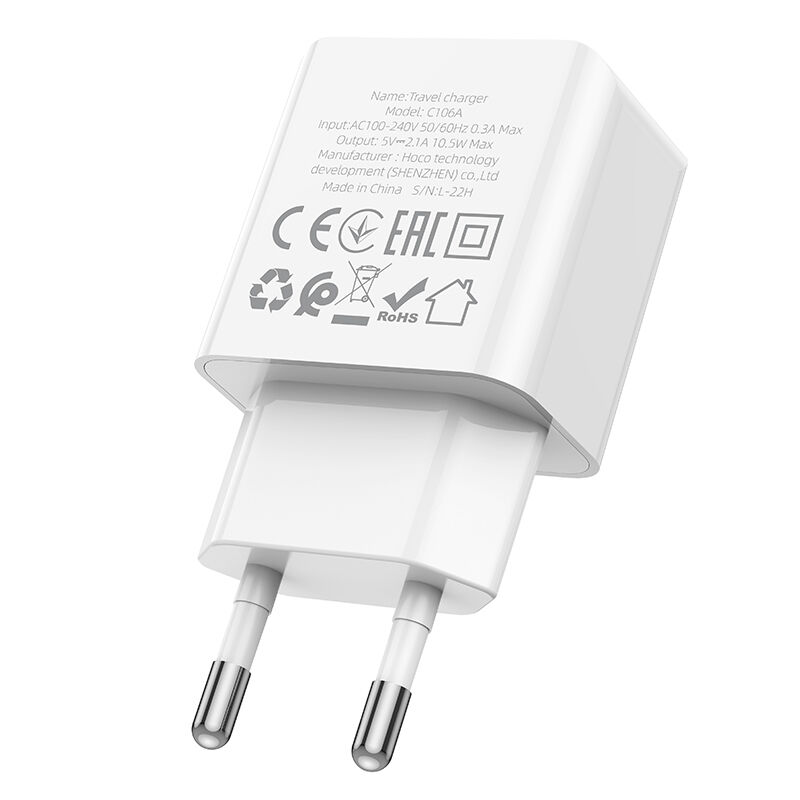 Адаптер постоянного тока Hoco C106A, 1гн.USB 5В,2,1А, белый 6