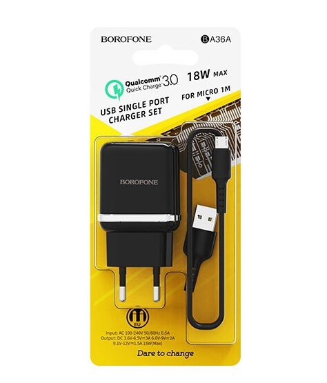 Адаптер постоянного тока BoroFone BA36A, 1хUSB 3.0A, QC3.0 + шнур micro USB 1м, чёрный 5