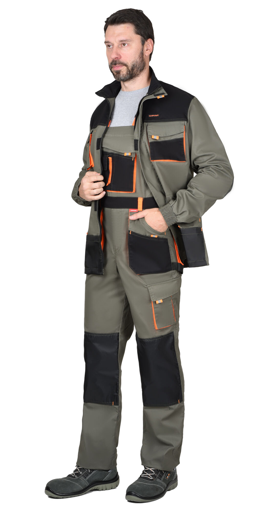 Костюм МАНХЕТТЕН куртка длинная, полукомбинезон оливковый с оранжевым и черным ткань меховой стрейч 260 г/кв.м