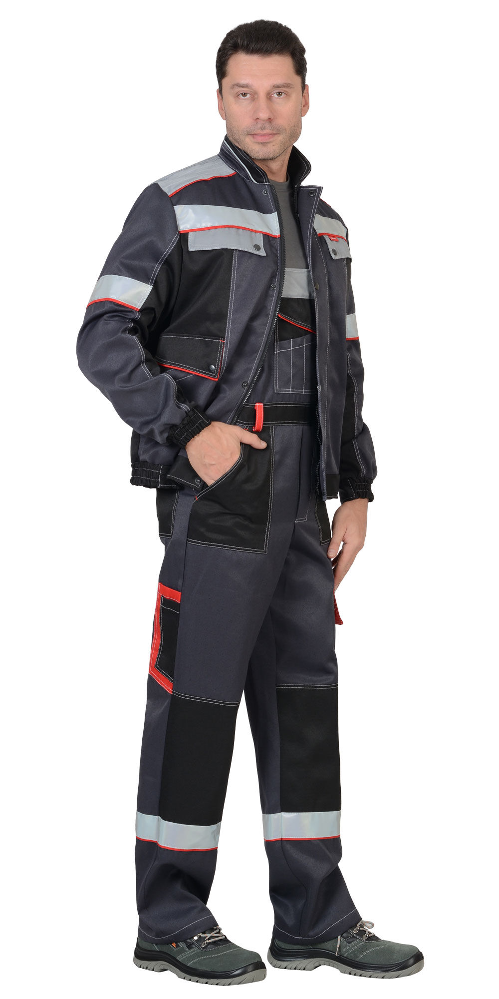 Костюм ПОЛИНОМ куртка, полукомбинезон темно-серый со светло-серым, черным, красным и СОП 50 мм