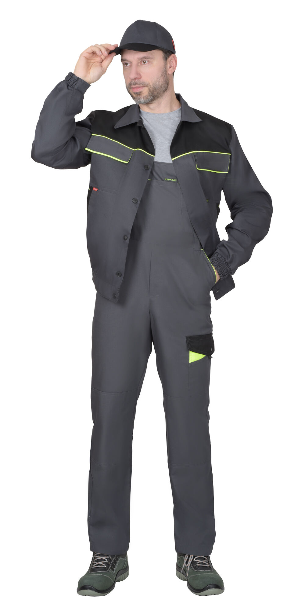 Костюм ХОВАРД-МАСТЕР летний: куртка, полукомбинезон, темно-серый с черной и лимонной отделкой