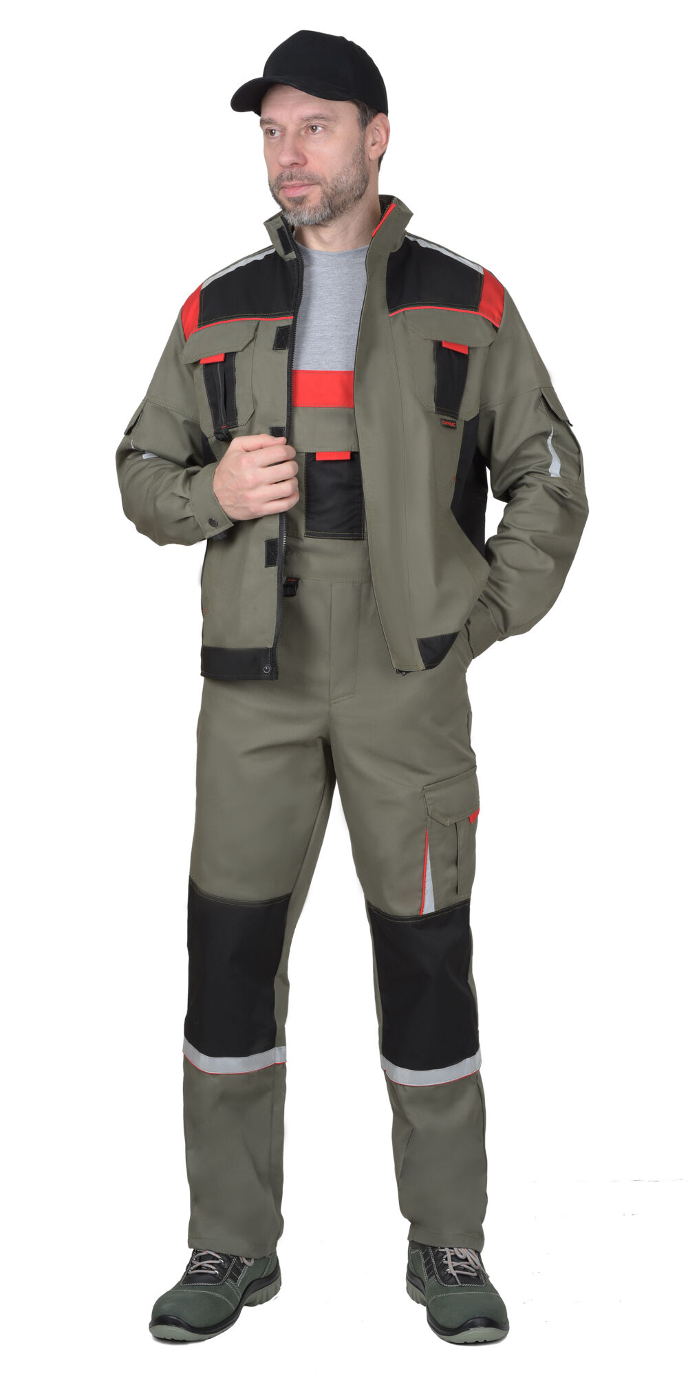 Костюм СТАН куртка, полукомбинезон оливковый с черной и красной отделкой
