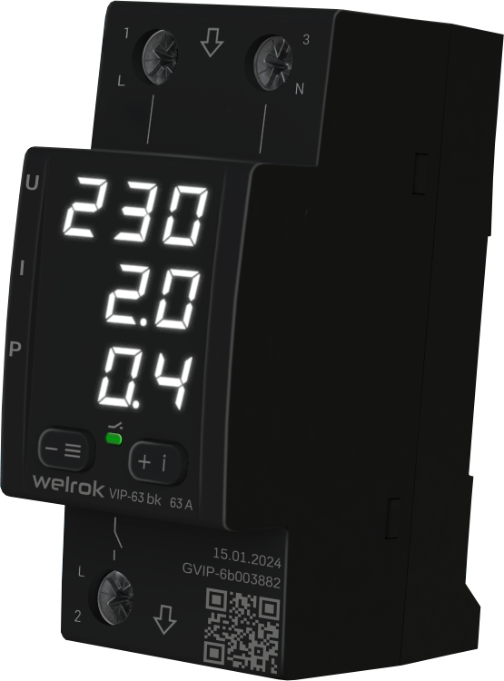 Многофункциональное реле напряжения с контролем тока и мощности Welrok VIP-63 bk