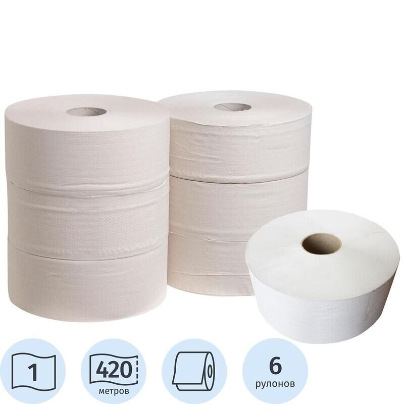 Бумага туалетная в рулонах 1-слойная 6 рулонов по 420 метров (артикул производителя T-420W1) NoName