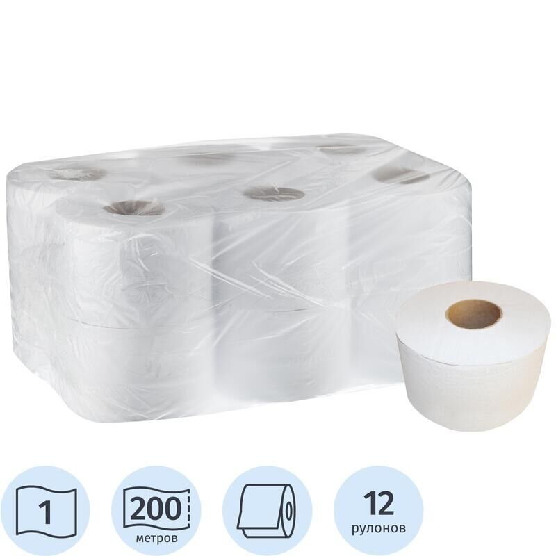 Бумага туалетная в рулонах 1-слойная 12 рулонов по 200 метров (артикул производителя 200W1) NoName