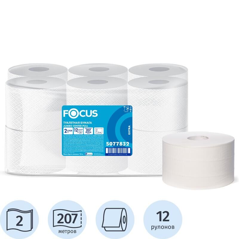 Бумага туалетная в рулонах Focus Jumbo Premium 2-слойная 12 рулонов по 207 метров (артикул производителя 5077832)