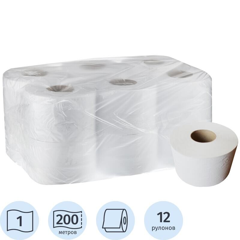 Бумага туалетная в рулонах 1-слойная 12 рулонов по 200 метров (артикул производителя T-200N1) NoName