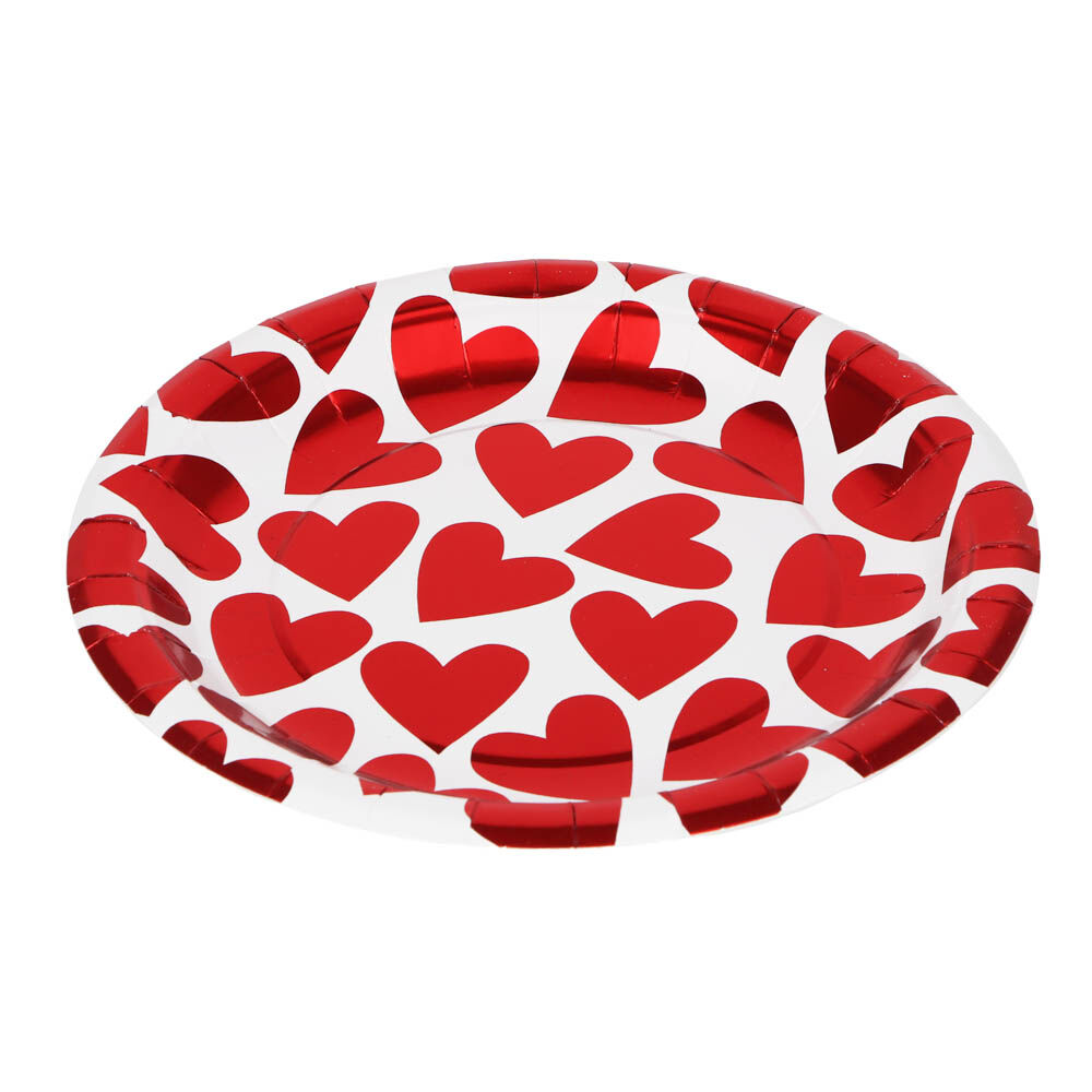 Набор тарелок бумажных, с фольгированным слоем, с сердечками, 2 цвета, красный, розовый, 20 см, 6 шт 4