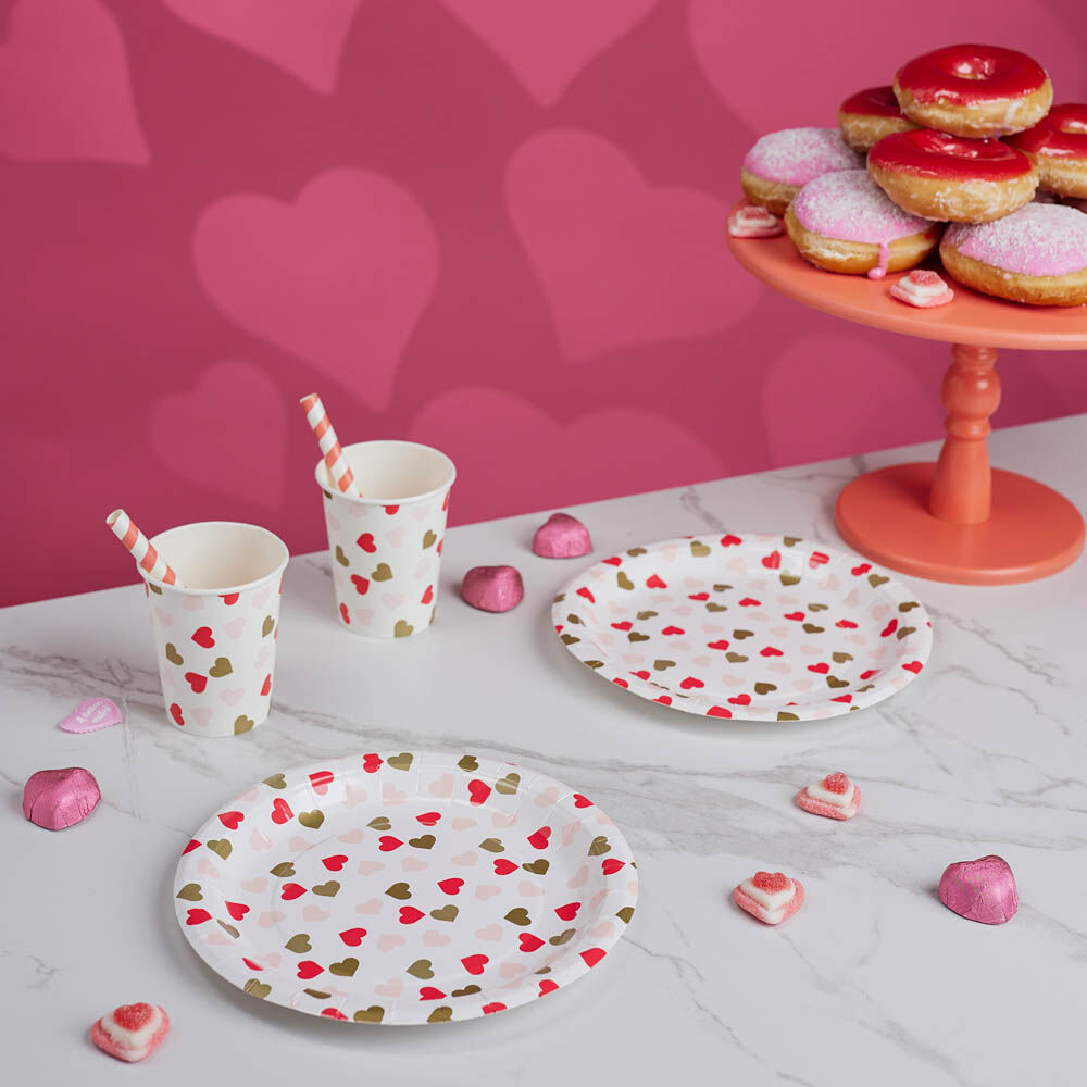Набор тарелок бумажных, с фольгированным слоем, с сердечками, 2 цвета, красный, розовый, 20 см, 6 шт 6