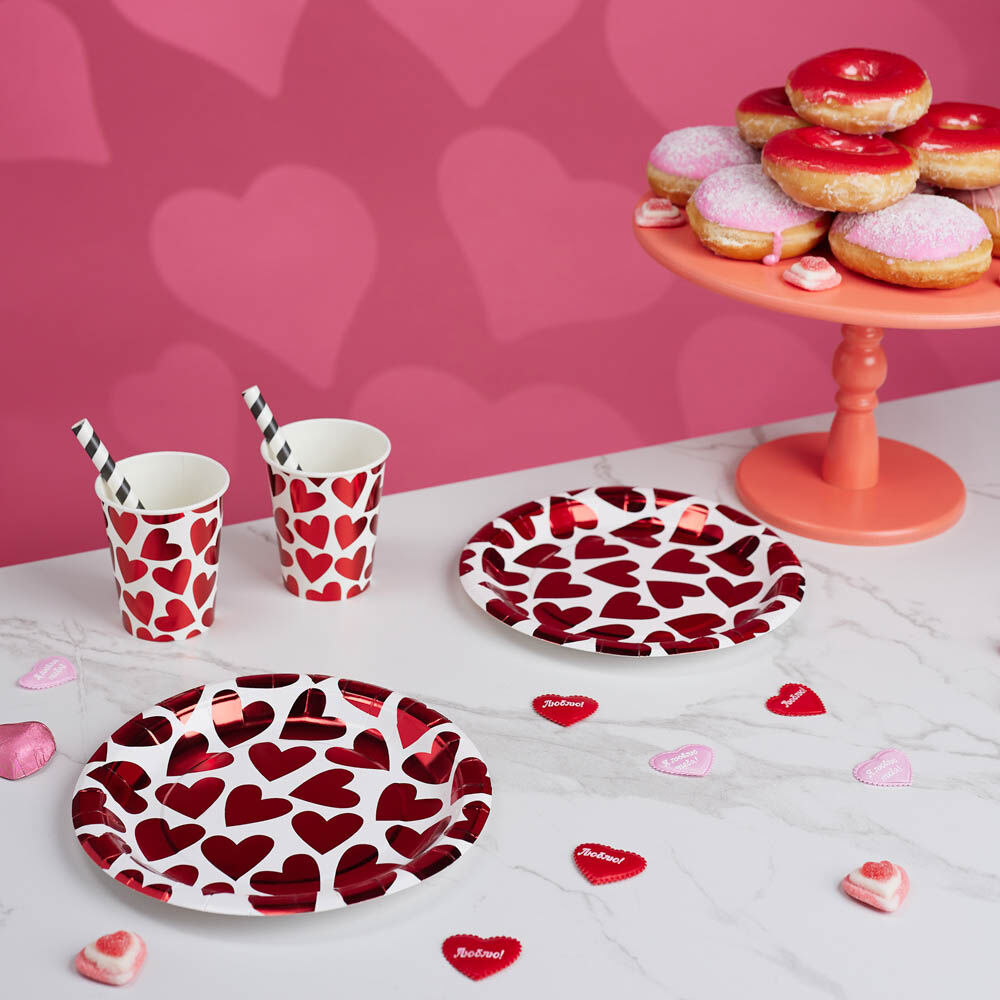 Набор тарелок бумажных, с фольгированным слоем, с сердечками, 2 цвета, красный, розовый, 20 см, 6 шт 7
