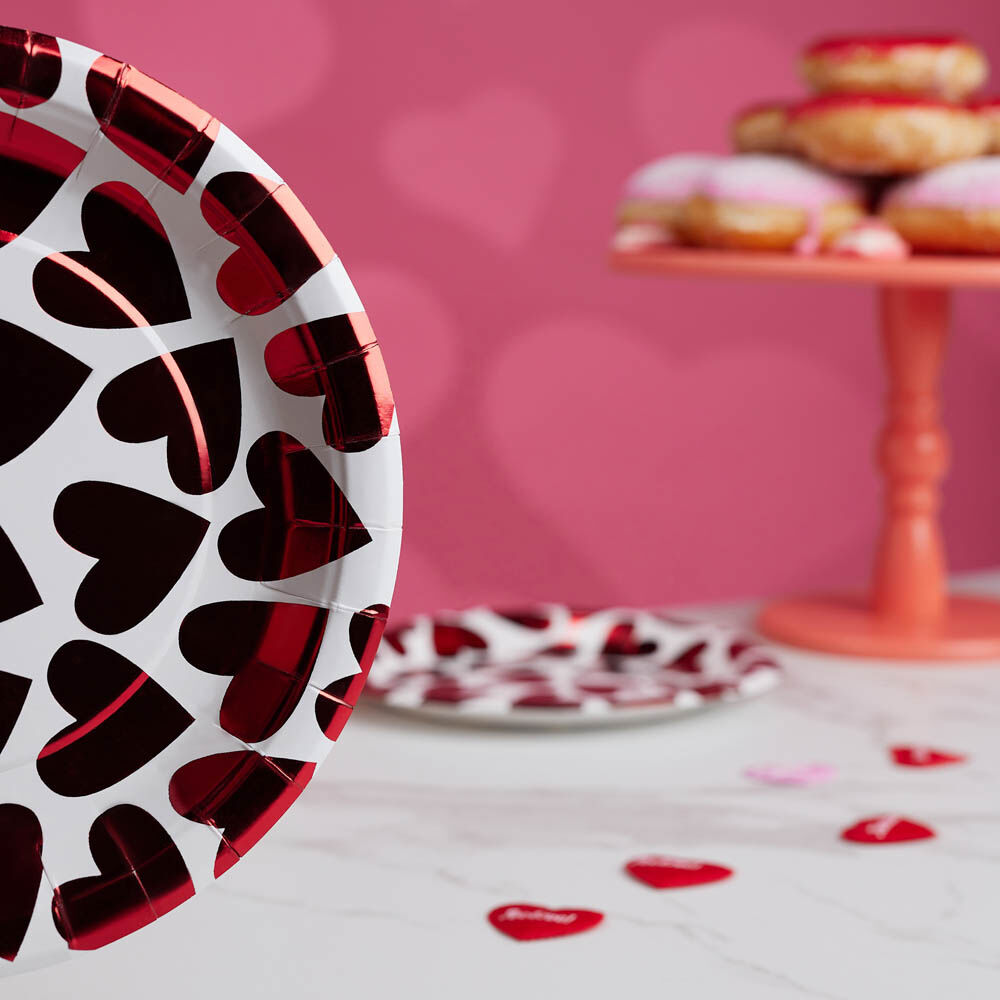 Набор тарелок бумажных, с фольгированным слоем, с сердечками, 2 цвета, красный, розовый, 20 см, 6 шт 9