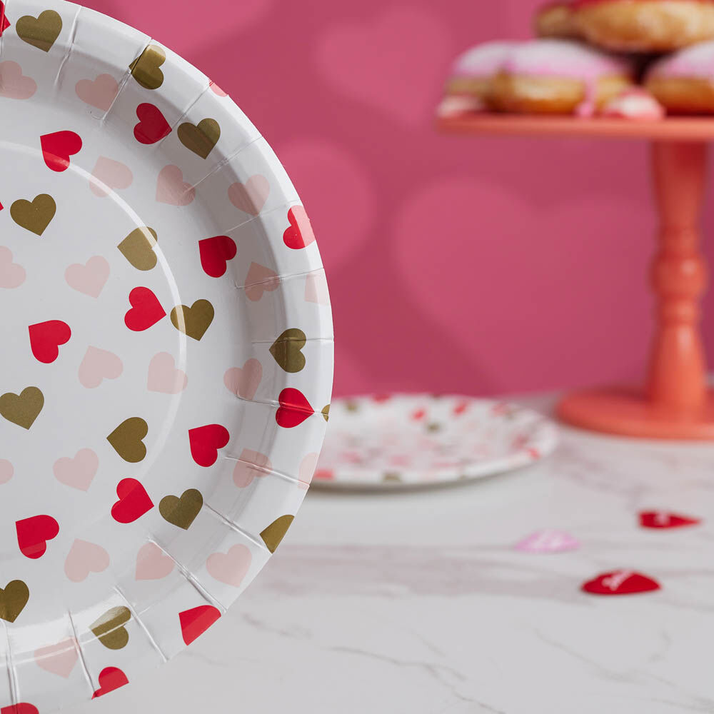 Набор тарелок бумажных, с фольгированным слоем, с сердечками, 2 цвета, красный, розовый, 20 см, 6 шт 12