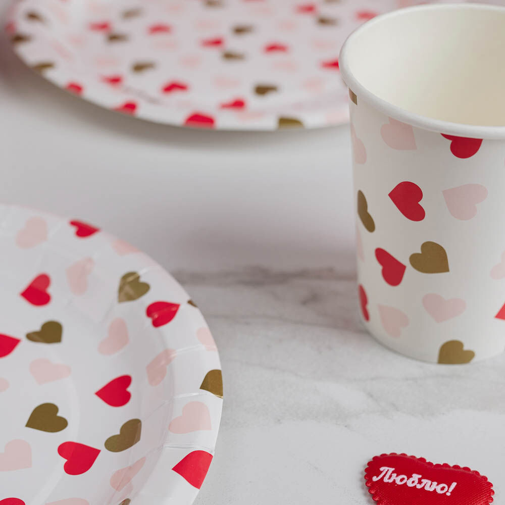 Набор тарелок бумажных, с фольгированным слоем, с сердечками, 2 цвета, красный, розовый, 20 см, 6 шт 15