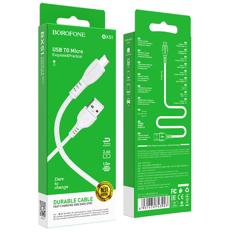 USB кабель для зарядки micro USB 1м, 2,4A силиконовый, белый BX51 "Borofone" 1