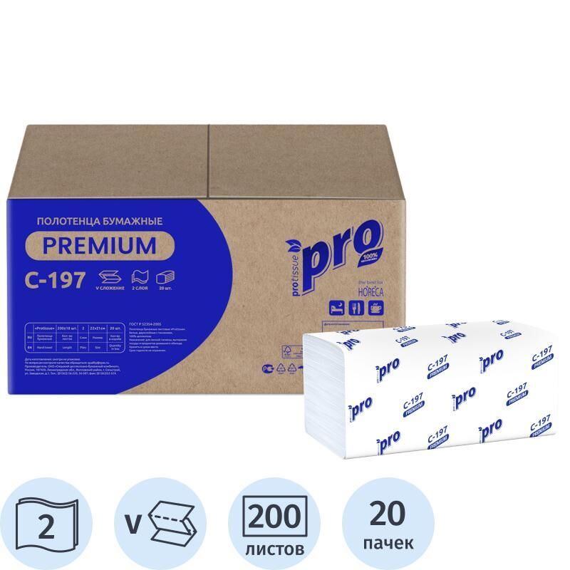 Полотенца бумажные листовые Protissue V-сложения 2-слойные 20 пачек по 200 листов (артикул производителя C197) PROtissue
