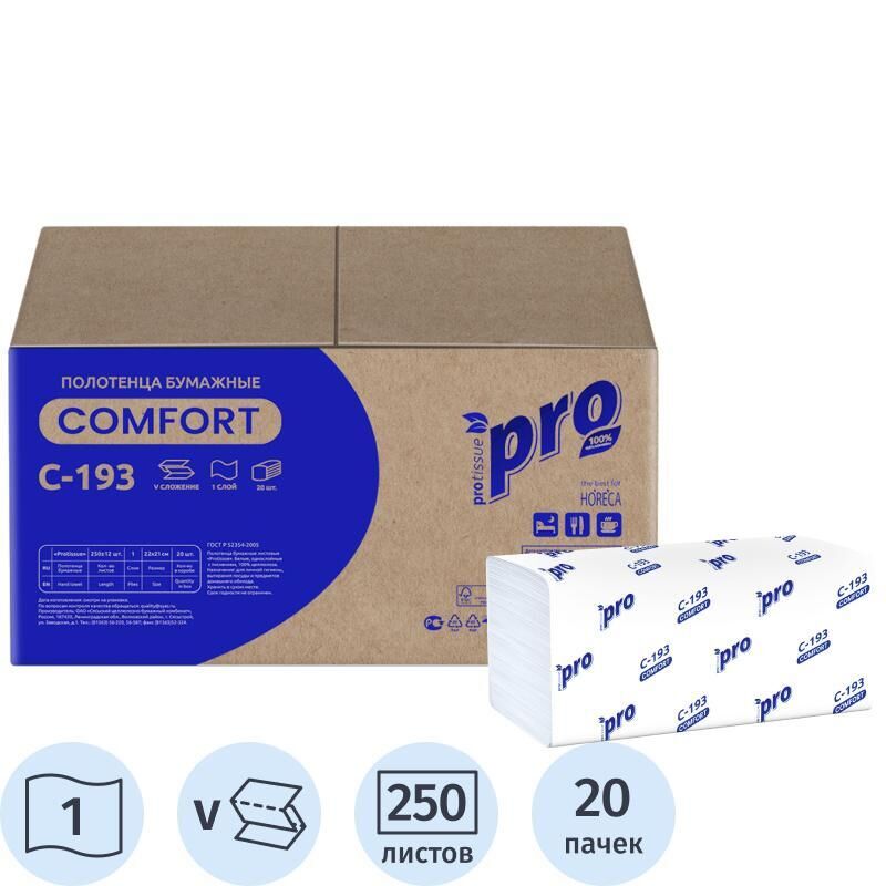 Полотенца бумажные листовые Protissue V-сложения 1-слойные 20 пачек по 250 листов (плотность 33 г, артикул производителя